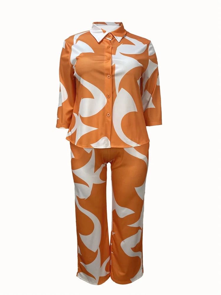 Wmstar Plus Size Two Piece Set Women Wholesale Print Pants Sets Button Shirts Top and Flared Trousers New in Summer 2025
