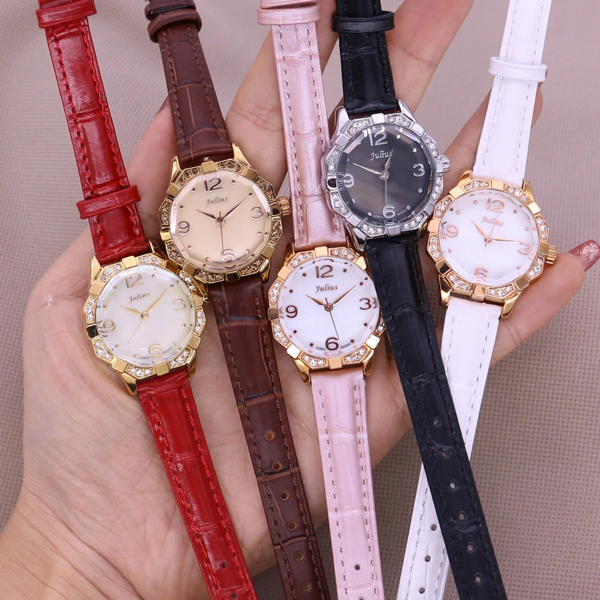 Small Rhinestones Julius Lady Women's Watch Mother-of-pearl Japan Quartz Fashion Hours Bracelet Leather Girl's Gift No Box