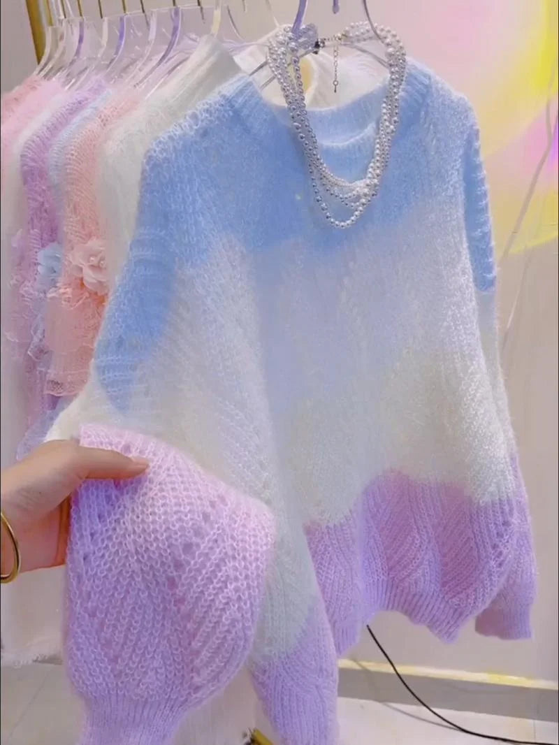Lazy Style Colorful Hollow Knit Top For Women's Spring Autumn New Sweet Color Blocking Round Neck Long Sleeved Pullover Sweater