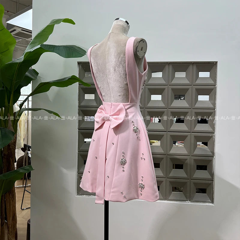 High-end Light Luxury Party Dress 2025 Summer Clothes New Heavy Industry Diamond Square Collar Waist Halter Bow Short Dress