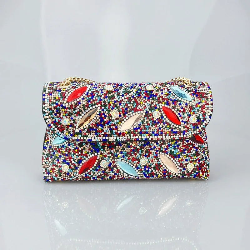 New Cross-Border High-End Feel Large Brick Socialite Style Diamond Underarm Handbag Embroidered Color Diamond Chain Chinese Dres