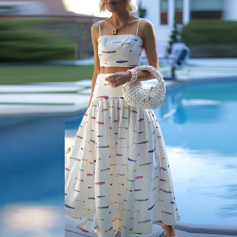 Lady Summer Pattern Printed Beach Outfit New 2025 Fashion Hollow Sleeveless Sling 2pc Set Elegant Pleated Long Skirt Party Suit