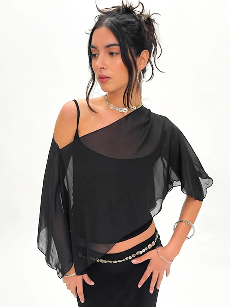 Weird Puss Summer Trend 2 Piece Crop Tops Women Sexy Short Sleeve Camisole+Mesh One-Shoulder Tops Clubwear 2025 Summer Club Tees