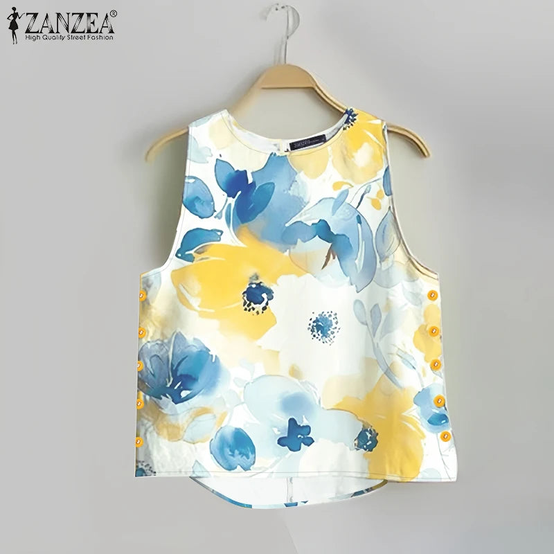 ZANZEA Womens 2025 Summer Casual Floral Printed Tank Tops Fashion O-Neck High-Low Sleeveless T-Shirts Day Wear Simple Camis Tops