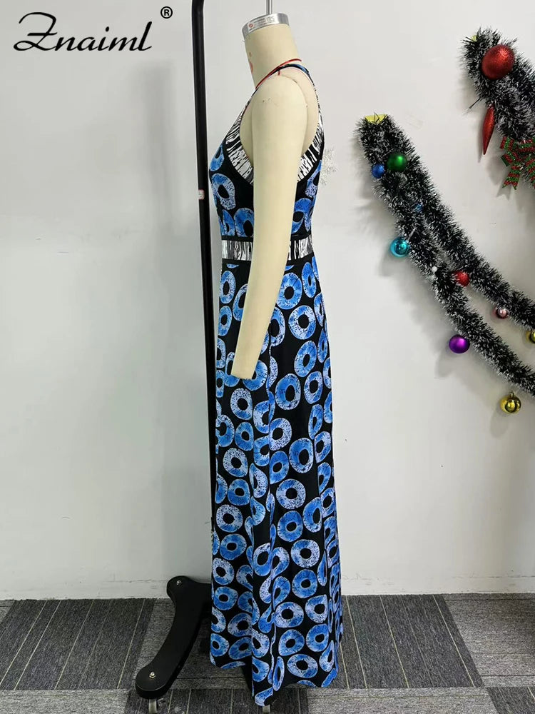 Znaiml Elegant Indie Folk Blue Retro Print A-line Long Dress Women O Neck Sleeveless Birthday Evening Prom Vacation Vestidos New