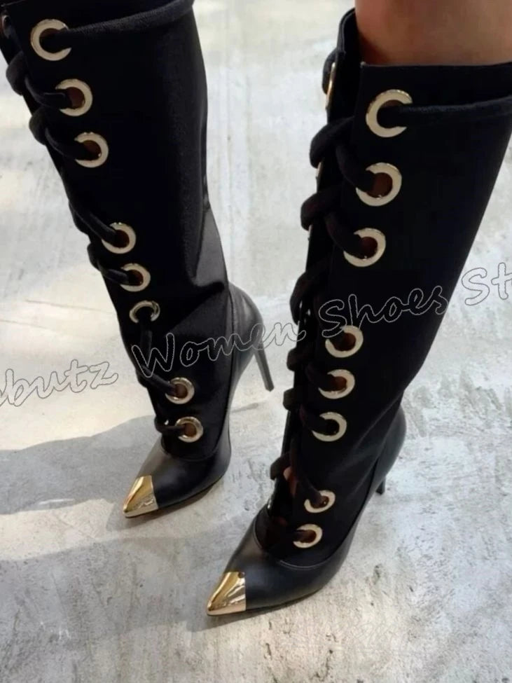 Metal Decor Knee High Boots Suede Lace-Up Pointy Thin High Heel Solid Color Fashion Novelty Sexy Elegant Concise Women Shoes New