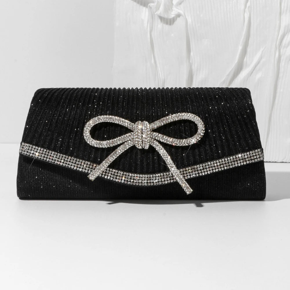 Women Evening Bag Bow Shoulder Bag Glitter Rhinestone Hobo Bag Adjustable Strap Wedding Party Purse