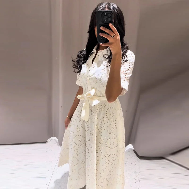 Embroidered maxi Dress Women Lapel Hollow Fashionable Short Sleeve Belt High Waist long Dresses Female Summer Chic robe