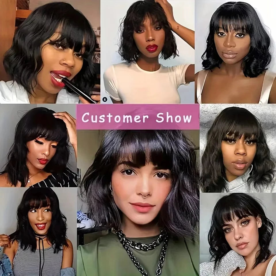 Natural Black Body Wave Human Hair Bob Wig With Bangs for Women