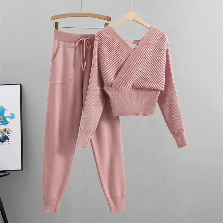 2 Piece Sets Women Knitting Outfits V Neck Pullover Sweater Pockets Drawstring Pencil Pants Slim Fit Suit Casual Knit Ensemble