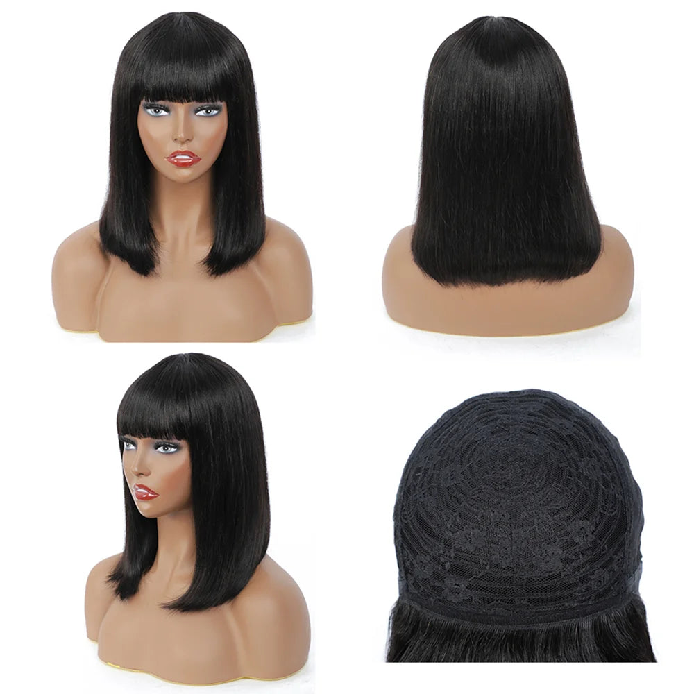 Water Wave BOB Wig With Bangs Human Hair Realistic Look Bang Wig 180% Medium Length Curly Wigs for Black Women Natural Black