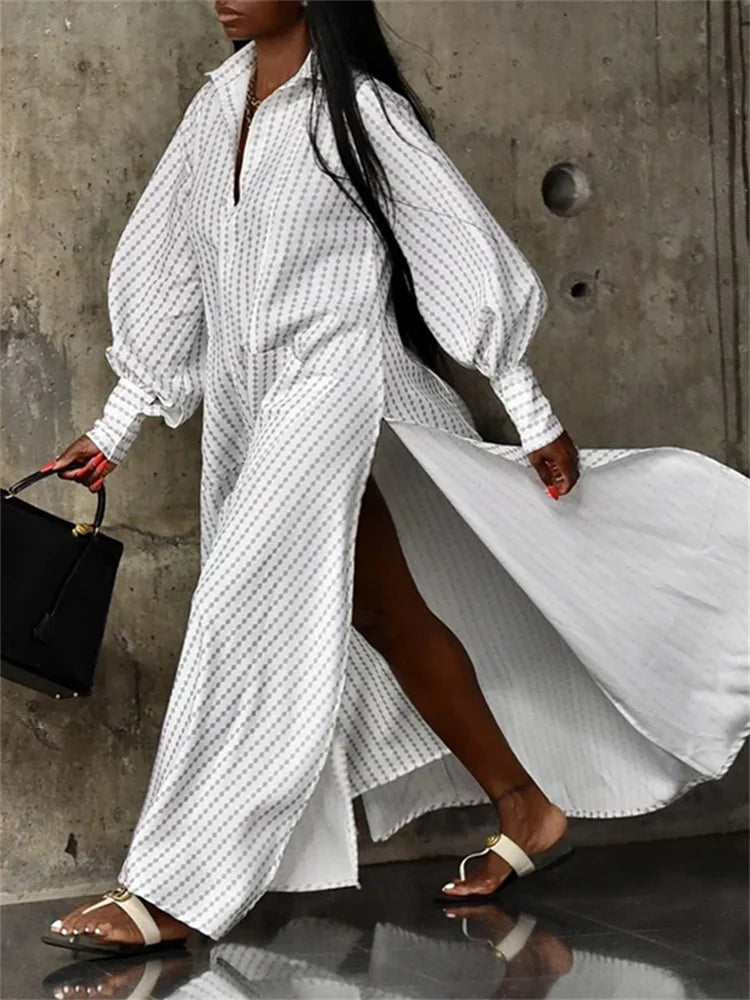 White Dress Women 2024 Summer Autumn Long Sleeves Buttoned Split-Side Striped Lapel Casual Women's Long Maxi Dresses