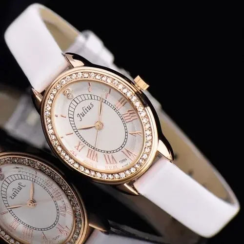 Small Oval Rhinestones Julius Lady Women's Watch Japan Quartz Elegant Fashion Hours Bracelet Leather Girl's Gift Box
