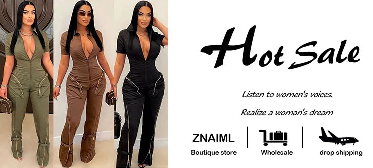 Znaiml Safari Style Short Sleeve Zipper Pocket Jumpsuit Women Fashion Cargo Pants One Piece Overalls Streetwear Playsuit Rompers