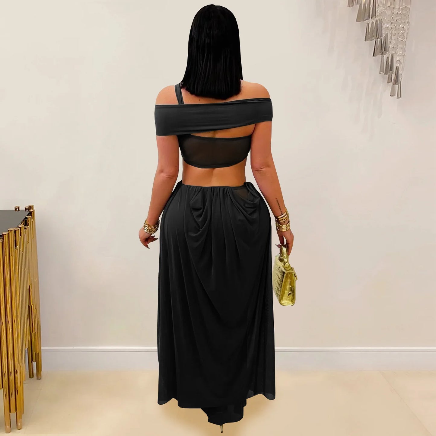 Joskaa 2025 Women's Elegant One Shoulder Strapless Mesh Irregular Maxi Dress Sexy Hollow Backless Skinny Evening Gown Clubwear