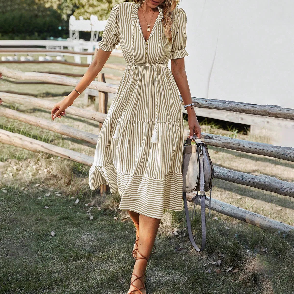 Summer Women's Striped Short Sleeve V-Neck Elastic Waist Dress