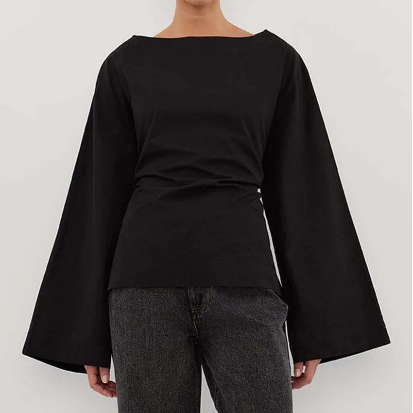 Oymimi Fashion Black Cotton Women's Blouse Elegant O-Neck Long Sleeve Loose Blouses Casual New Solid Lace-Up Blouses Streetwear