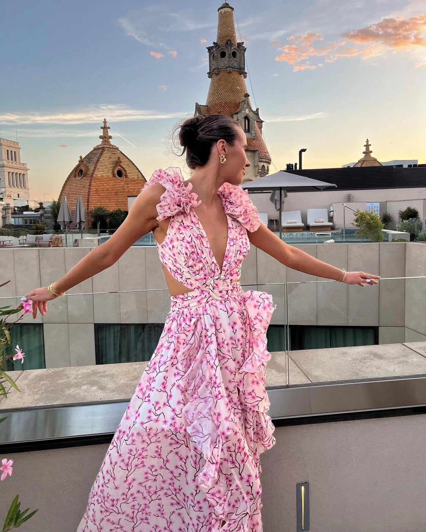 Summer Spring Women's Clothing Dress Hollow Out Slim Deep V Ruffle Edge Floral Backless Dress Loose Maxi