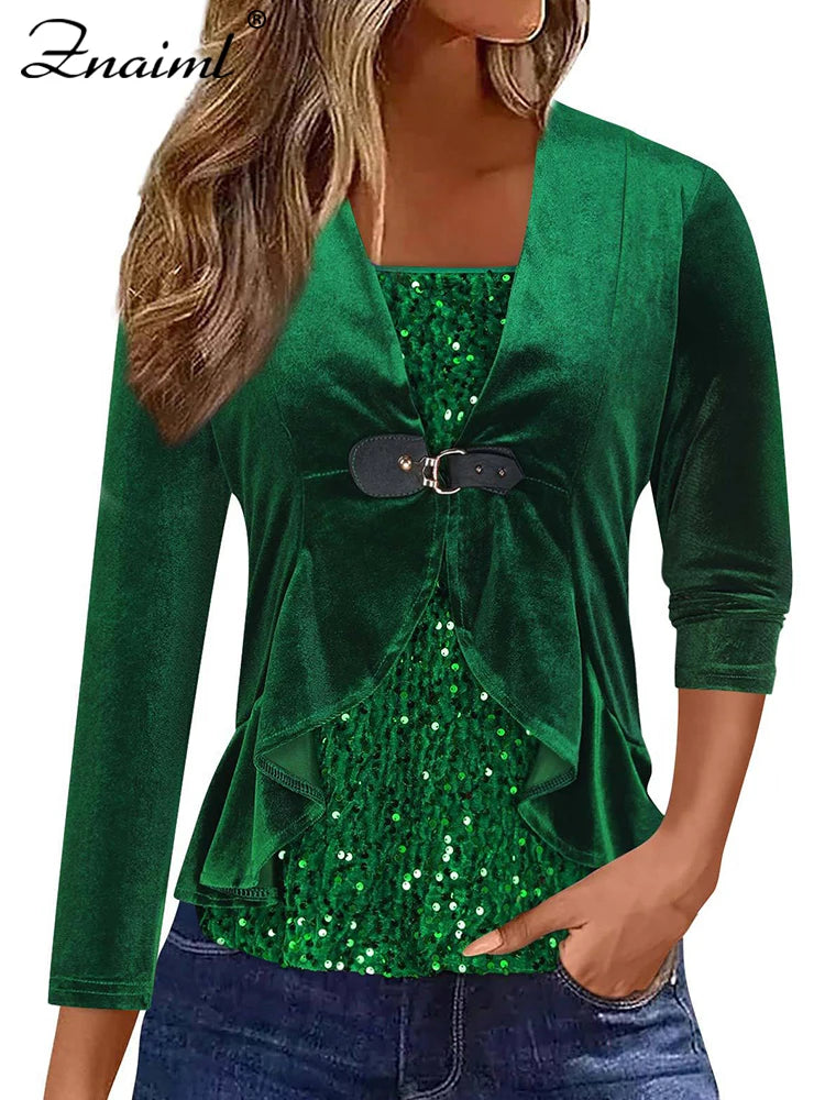 Znaiml Elegant Velvet Long Sleeve Square Neck Pullover T-Shirts Women's Sequin Patchwork Blousers Top Sexy Night Club Outfits
