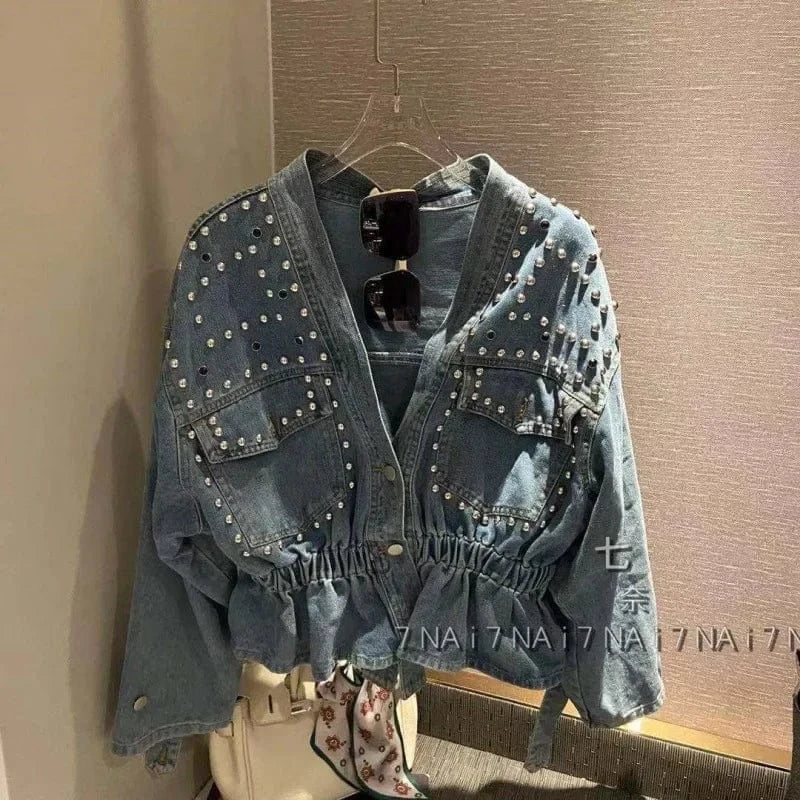 French denim jacket women's new heavy-duty diamond-studded beaded loose short long-sleeved jacket in spring and autumn