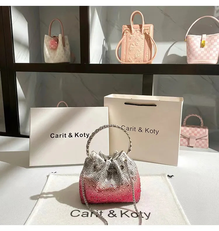 Crystal Shiny Diamonds Bucket Bag Fashion Women Handbag Metal Ring Handle Evening Bag Wedding Party Clutch Purse Crossbody Bag