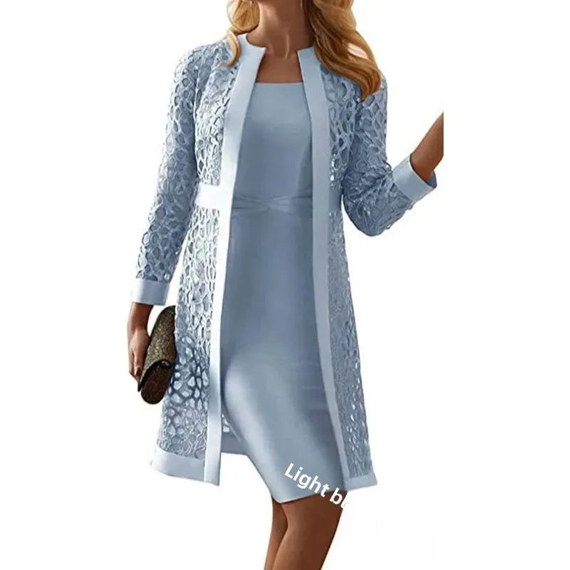 2025 Women's Lace Open Cardigan Dress Two-Piece Outfit Popular Wish Elegant Style Chinese Origin Fashionable Female Clothing