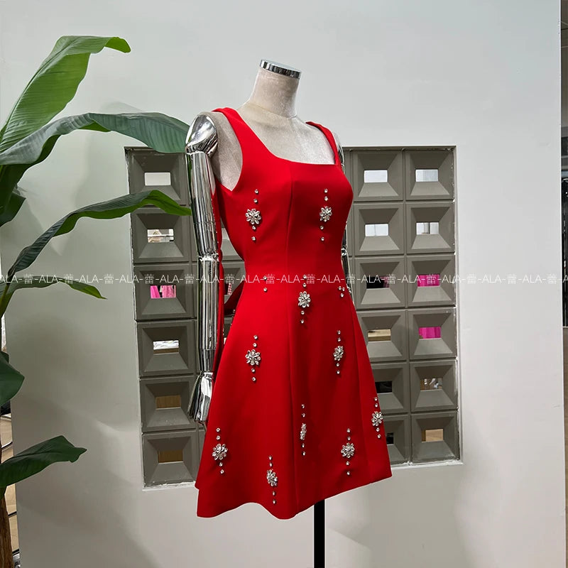 High-end Light Luxury Party Dress 2025 Summer Clothes New Heavy Industry Diamond Square Collar Waist Halter Bow Short Dress