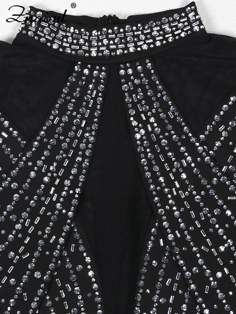 Znaiml Women's Short Jumpsuits Black Rhinestone Sleeveless Romper Birthday Mesh See Through Skinny One Pieces Playsuits Clubwear