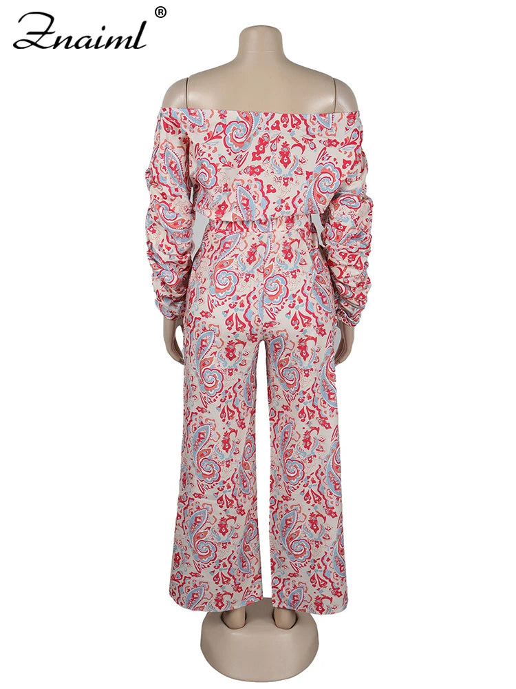 Znaiml Fashion Print 2 Pieces Pants Women's Sets Summer Off Shoulder Long Sleeve Crop Top and Wide Leg Trousers Suits Tracksuit