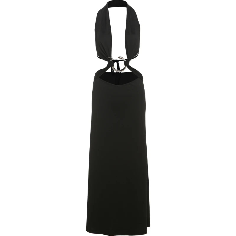 Weird Puss Metal Rings Patchwork Dress women Halter Low-Neck Bandage Backless Sexy Robe Vacation Midnight Club Party Outfits