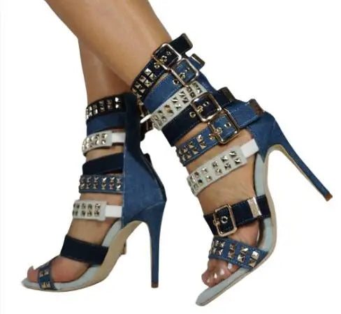 Vintage Gold Rivet Leather Strap Open Toe Sandals for Women