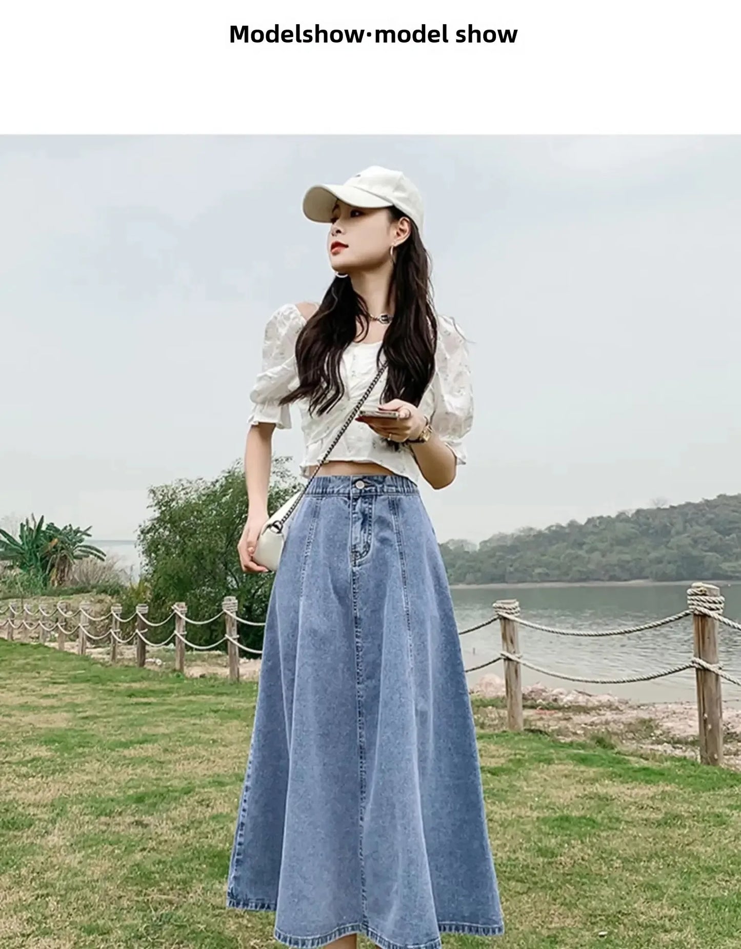 Fashionable Spring Medium-Length High-Waisted Jeans Long Dress Women's Elastic Waist A- Line Skirt Umbrella Skirt