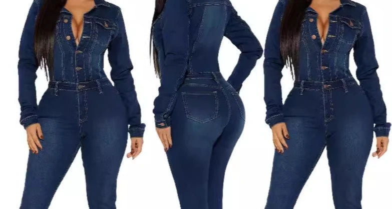 Women Fashion Solid Color Lapel Single-breasted Slim-fit Waist Long-sleeved Denim Jumpsuit Overall Pants