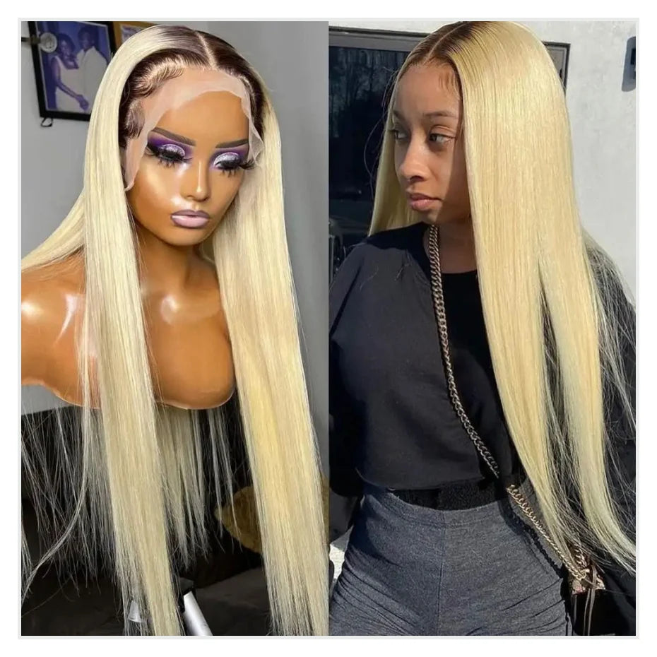 13x6 Lace Frontal Wig Brazilian Straight Full Lace Human Hair Wig 2 Tone Dark Root 1B 613 Ombre Blonde Lace Front Wigs for Women