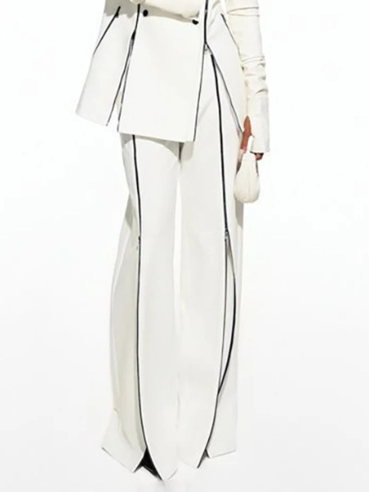 Beautyblue Striped Sports Pants Women Zipper Trousers Summer New White Patchwork High Waist Wide-leg Bottom Office Commute Pant