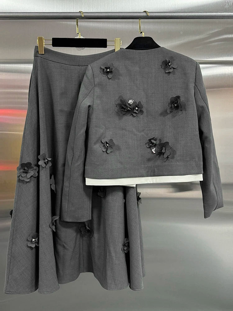 VGH Spliced Appliques Two Piece Sets For Women Round Neck Long Sleeve Coats High Waist A Line Skirts Elegant Slim Set Female New