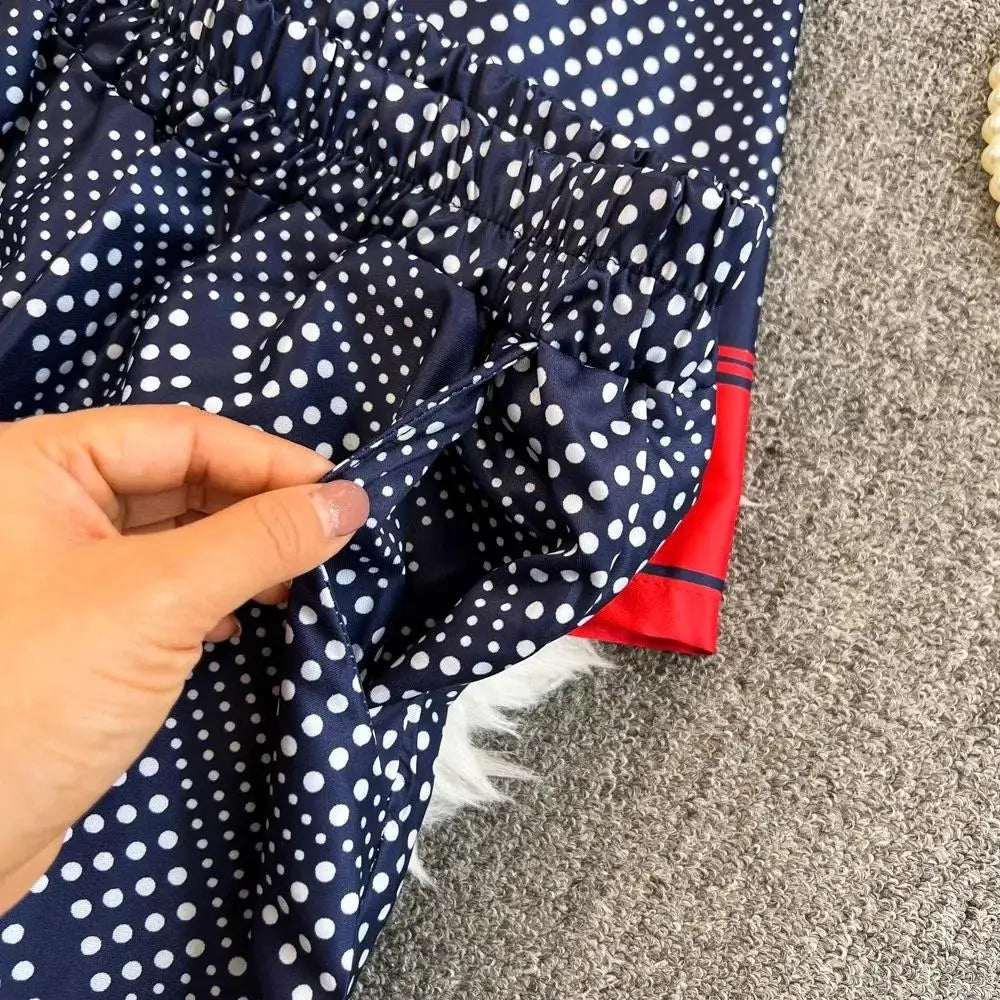 Women Contrast Dot Print V-Neck Loose Lace Up Top+Elastic Waist Wide Leg Pant Suit Autumn Fashion Kimono Cardigan Two Piece Set