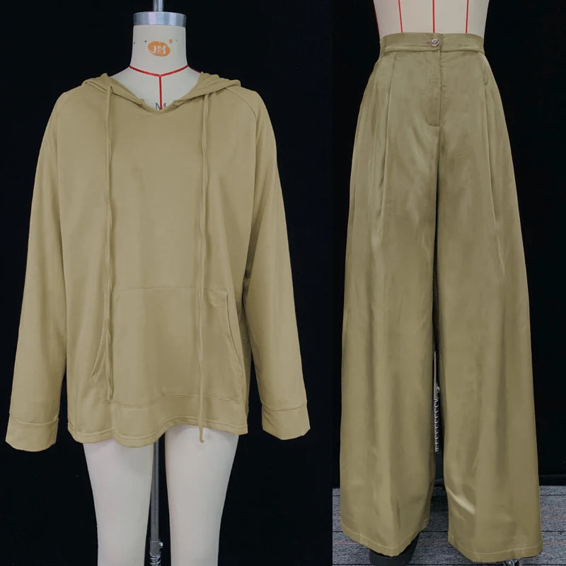 2025 Autumn Fashion Suit for Women Drawstring Hooded Sweatshirt and High Waist Wide Leg Pants Casual Pant Sets