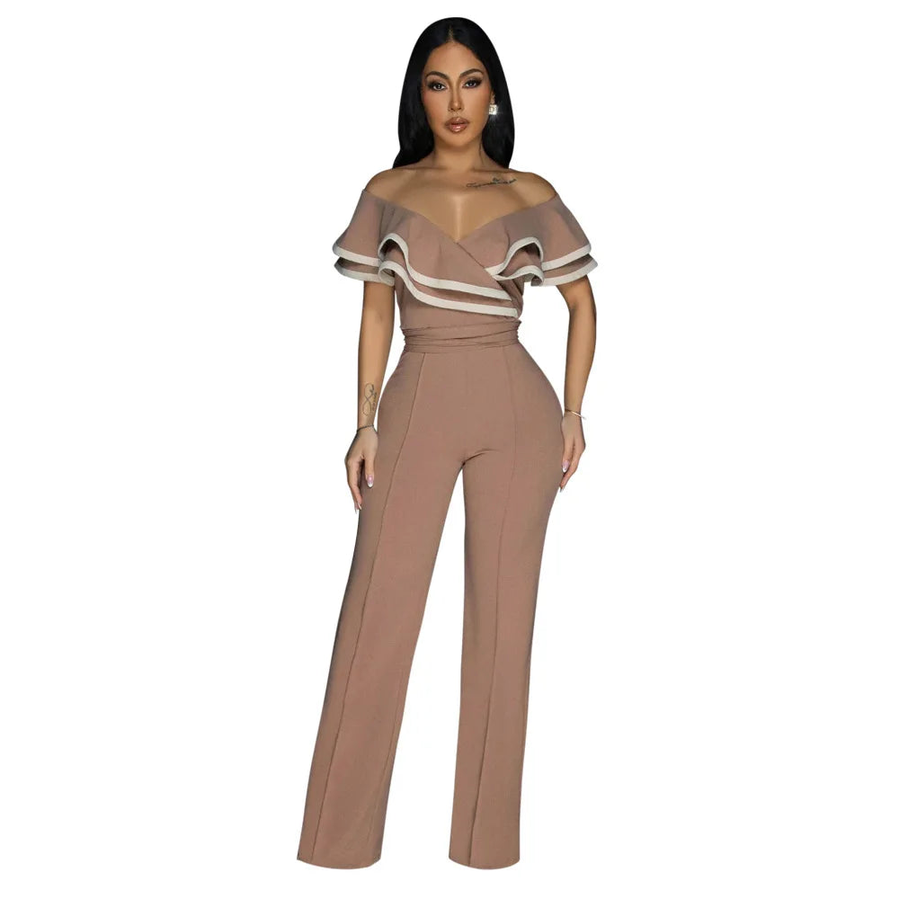 CM.YAYA Women V-neck Off Shoulder Ruffles Wide Leg Jumpsuits 2024 Summer Fashion Sexy Party Playsuit One Piece Suit Rompers