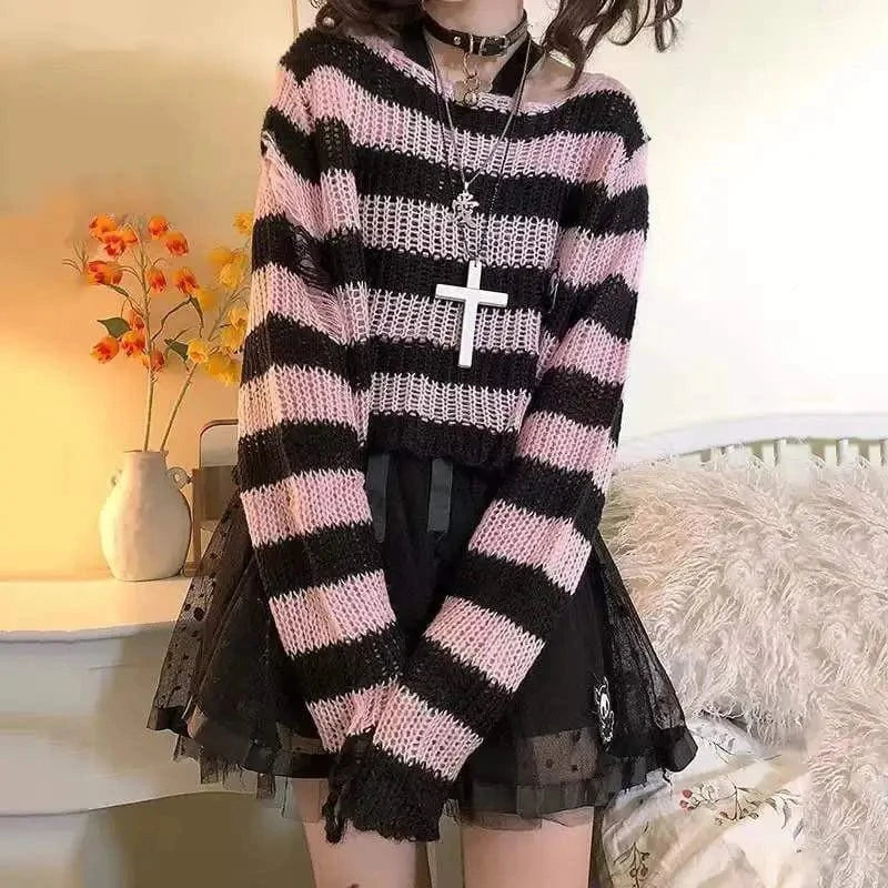 Karrram Punk Gothic Sweater Emo Tops E-girls Mall Goth Pullovers Y2k Harajuku Grunge Clothes Alt Dark Aesthetic Striped Jumpers