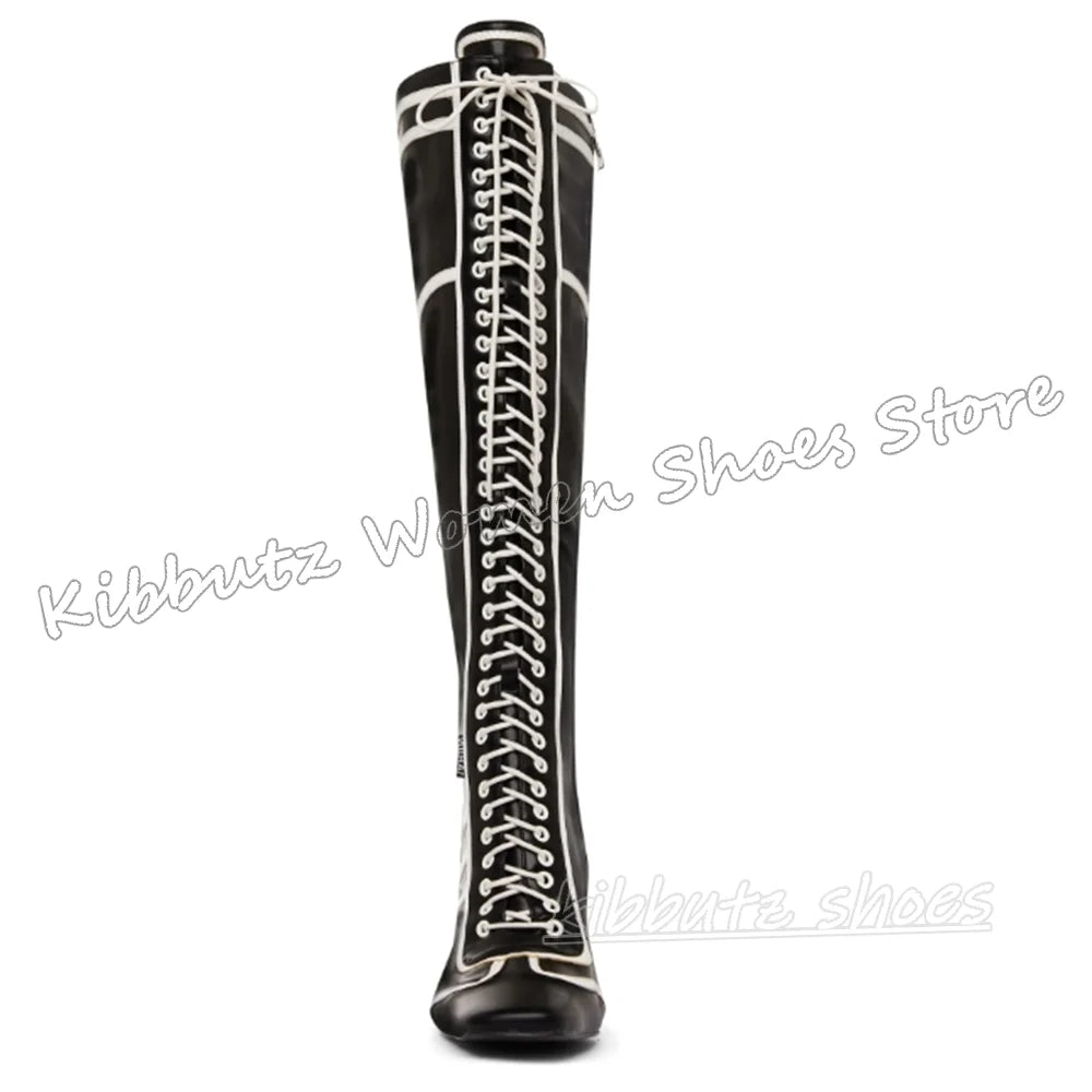 Sewing Knee High Boots Leather Lace-Up Patchwork Square Toe Kitten Heels Fashion Luxury Elegant Concise Sexy Women Shoes Newest