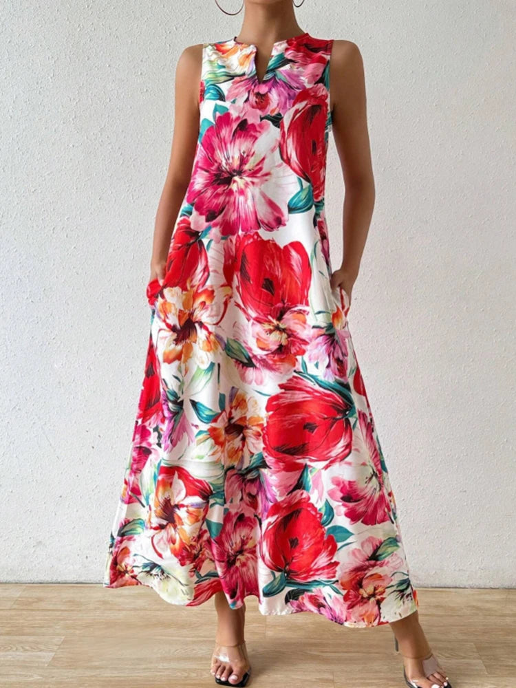 Women's Fashionable V-Neck Sleeveless Dress Floral Print Lightweight Breathable Long Dress Personality Slit Design Comfort