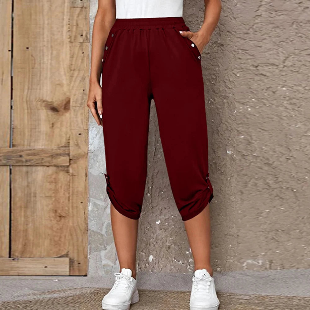 Women Elastic Waist Pants Summer Solid Color Casual Trousers Bottom Elegant Fashion Office Lady Loose Cropped Pants S-3XL