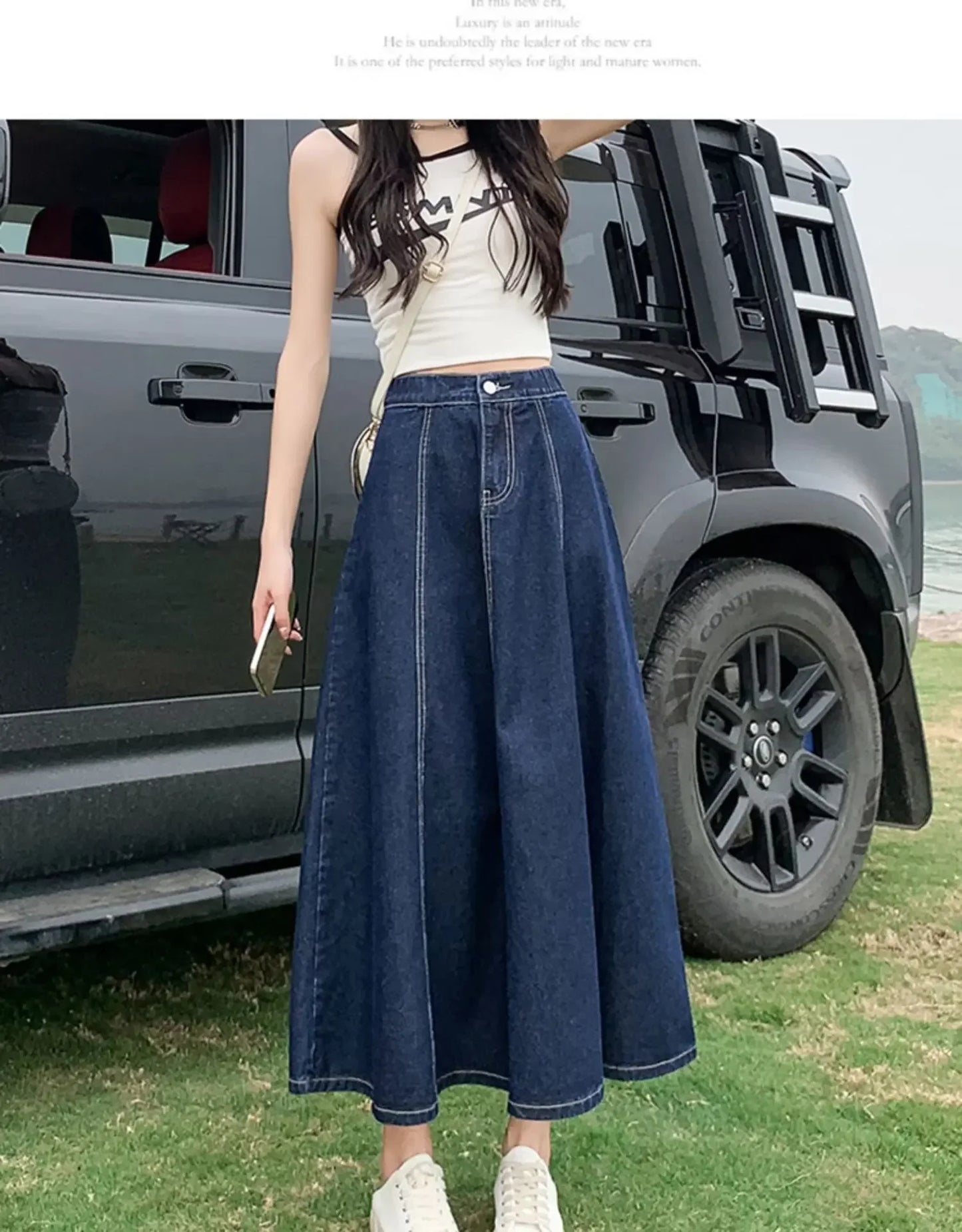 Fashionable Spring Medium-Length High-Waisted Jeans Long Dress Women's Elastic Waist A- Line Skirt Umbrella Skirt