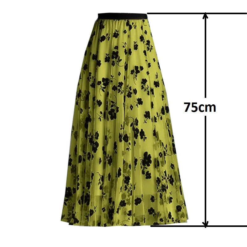 Flocking Floral Pirnted Long Mesh Skirt for Women, High Waist, Max Pleated Tutu, Tulle Skirt, Gauze Skirt, Female, 2025