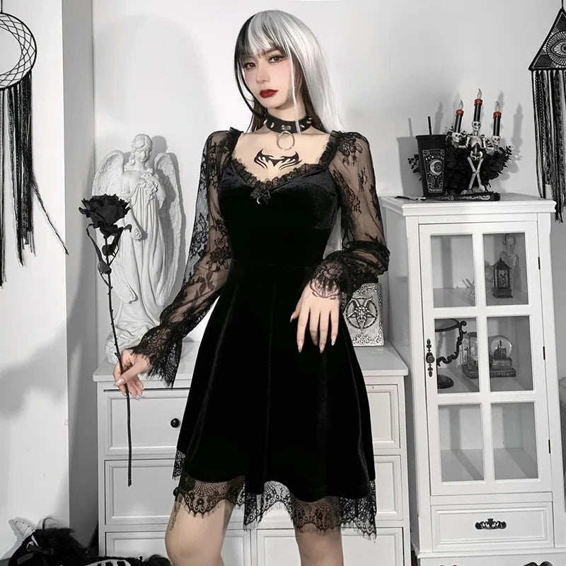 Y2K Hollow Cuffs Strapless Sexy Gothic Lace Dress Dark Style Pleated Knee-length Skirt Women‘s Slim Fit Fashion Women's Clothing