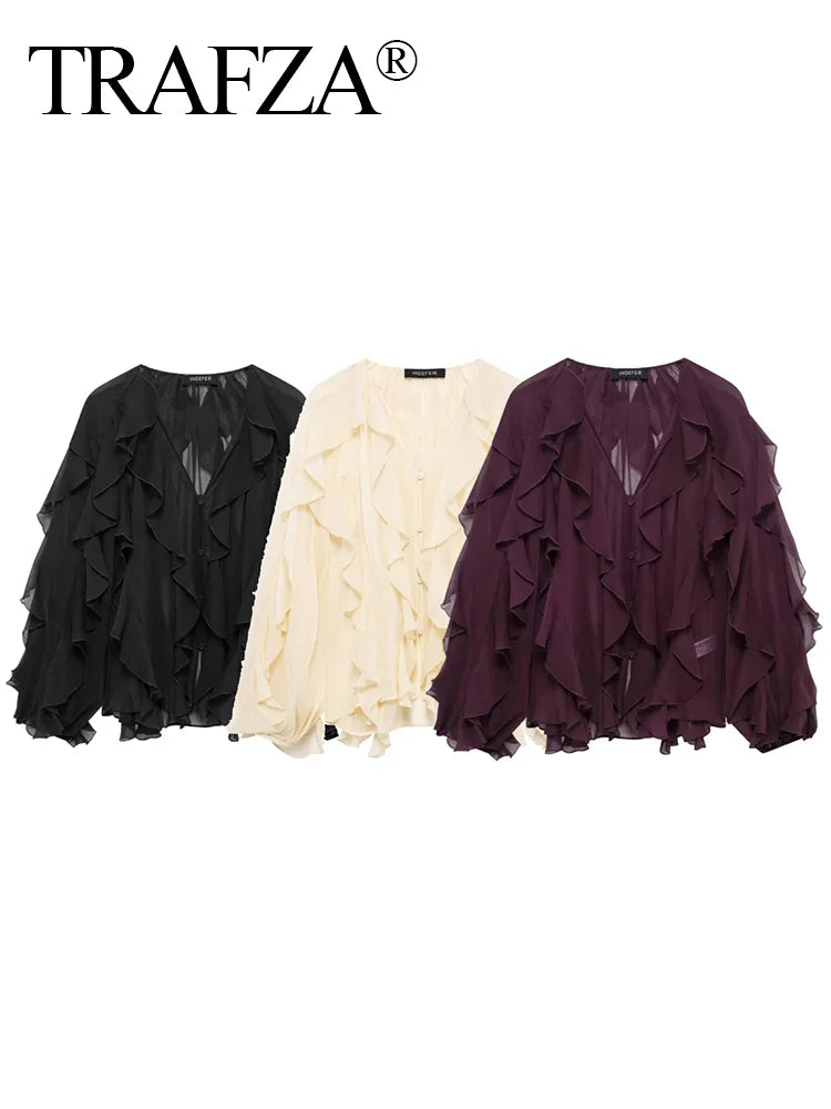 TRAFZA 2025 Women Elegant Solid Ruffles Blouse Spring Female V-Neck Long Sleeved Gauze Shirt Casual Hollow Out Lady Clothes