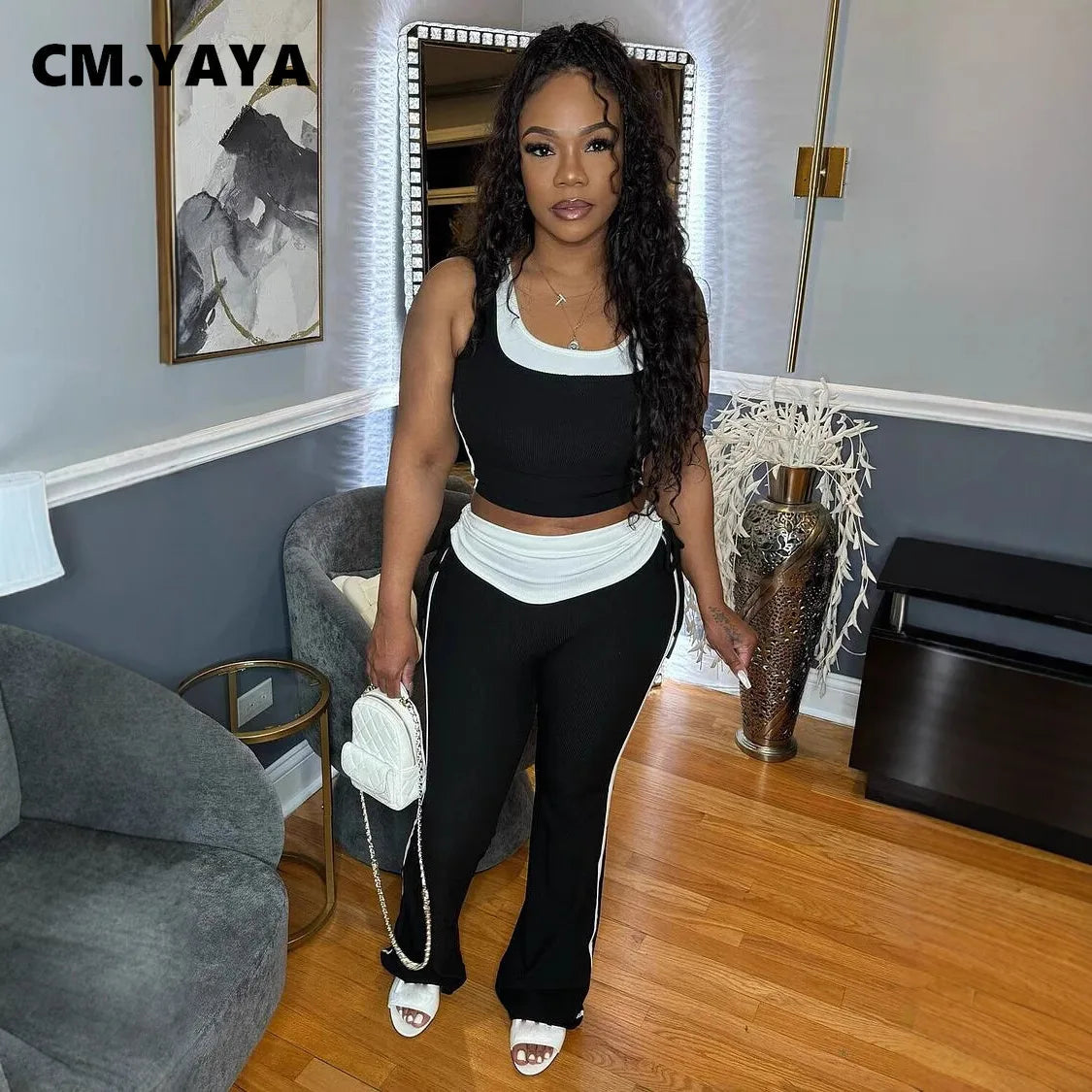 CM.YAYA Fashion Knit Ribbed Patchwork Women's Set Sleeveless Tank Tops and Flare Pants Tracksuit 2025 Two 2 Piece Sets Outfit