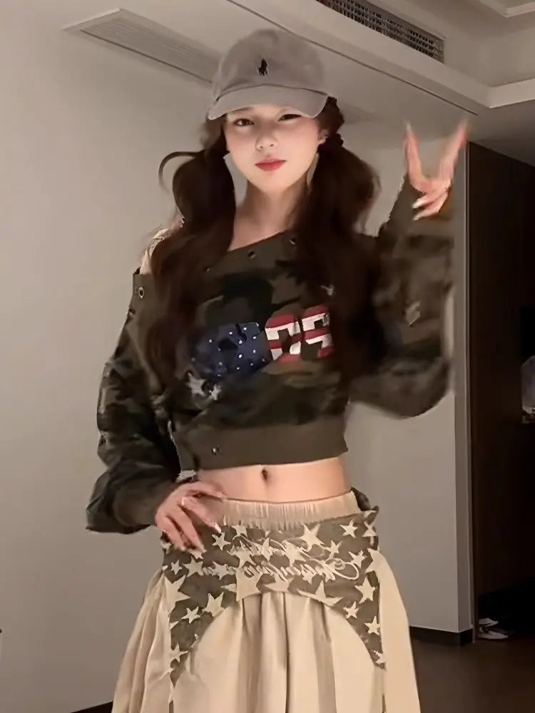 American Retro Letter Camouflage Slanted Shoulder Long Sleeve Sweatshirt Fashionable Streetwear Long-sleeved Sweatshirt