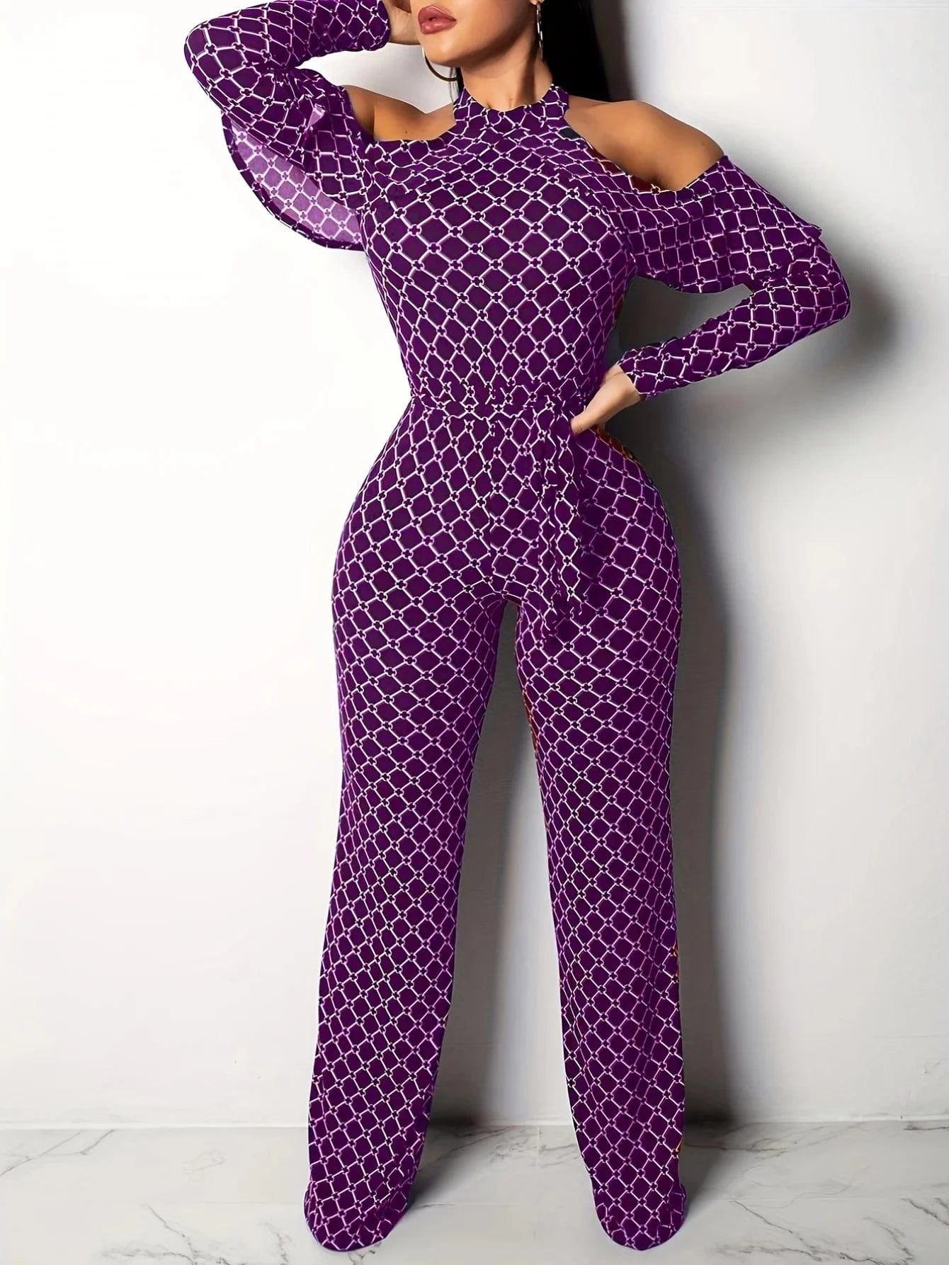 Plaid Print Rompers Womens Jumpsuit Off Shoulder Ruffles Long Sleeve Bandage Overall Elegant Belted Plus Size Wide Leg Bodysuit